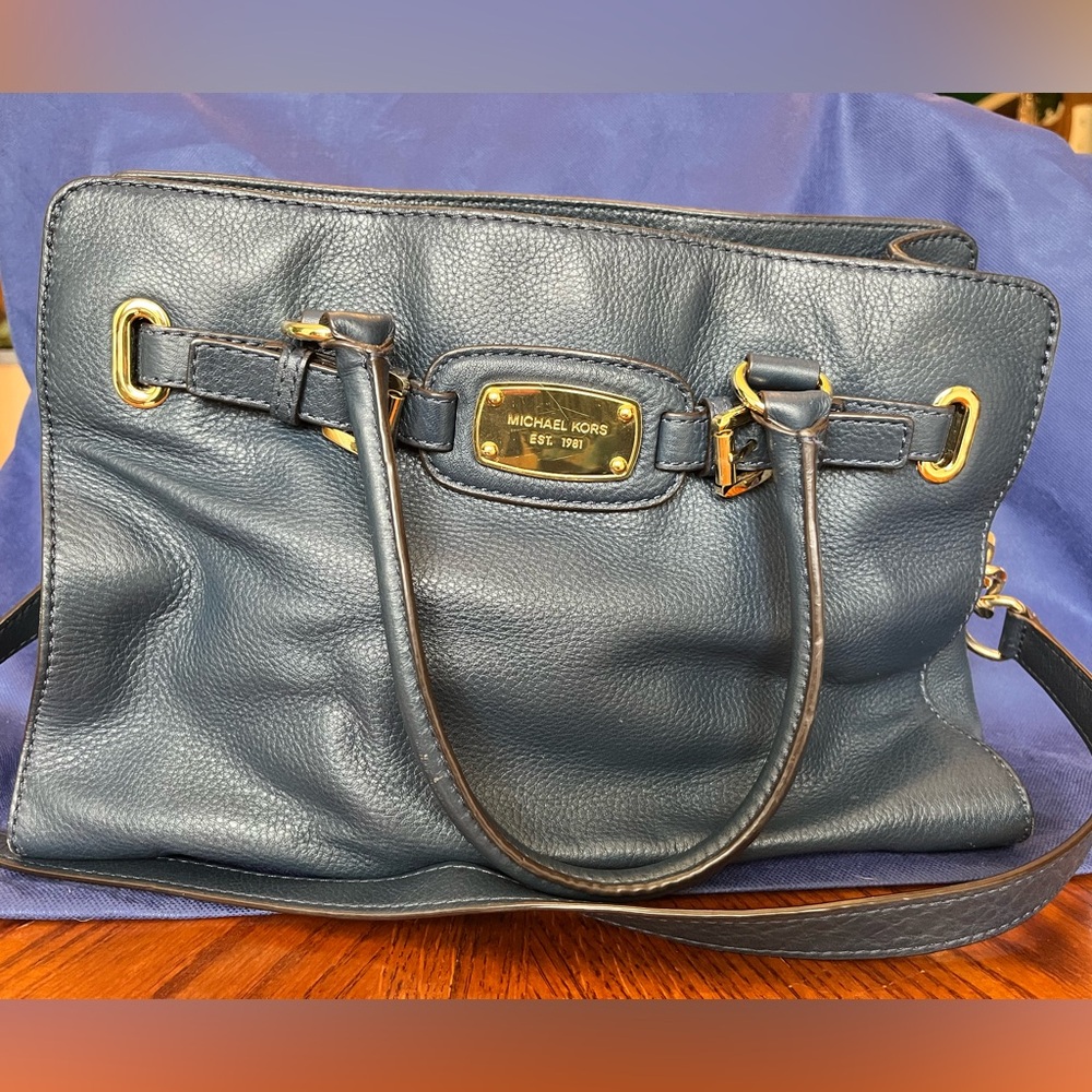 Michael Kors Navy Leather Tote with Gold Hardware